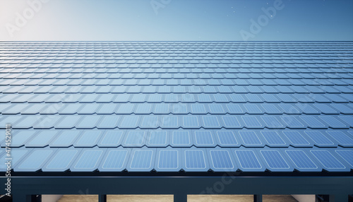 3d rendering of solar or photovoltaic shingles in perspective on roof of home or house building. System technology to generate electrical power or direct current electricity by light at night.