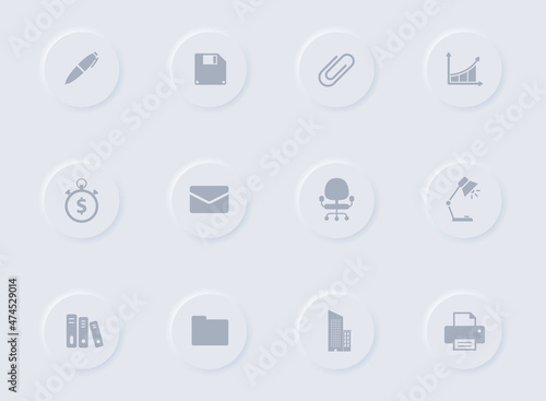 office gray vector icons on round rubber buttons. office icon set for web, mobile apps, ui design and promo business polygraphy