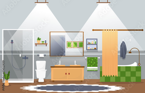 Clean Bathroom Interior Design Mirror Shower Furniture Flat Illustration