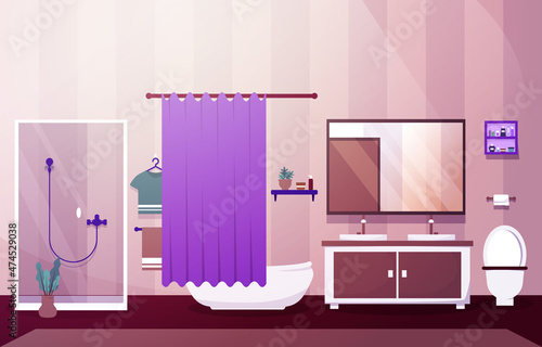 Clean Bathroom Interior Design Mirror Shower Furniture Flat Illustration