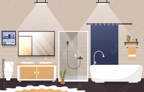 Clean Bathroom Interior Design Shower Bathtub Furniture Flat Illustration