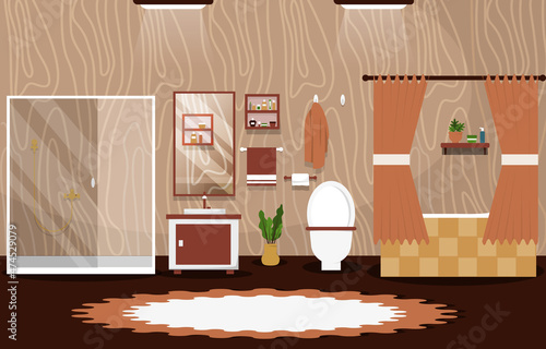 Clean Bathroom Interior Design Shower Bathtub Furniture Flat Illustration