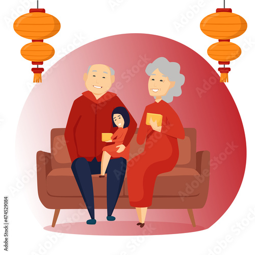 An elderly couple and a granddaughter are sitting on the sofa with gifts. Celebrating Chinese New Year.