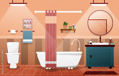 Clean Bathroom Interior Design Closet Bathtub Furniture Flat Illustration