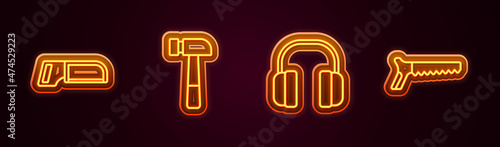 Set line Hacksaw, Hammer, Headphones and Hand. Glowing neon icon. Vector