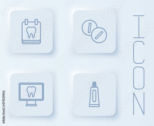 Set line Calendar with tooth, Toothache painkiller tablet, Online dental care and Tube of toothpaste. White square button. Vector