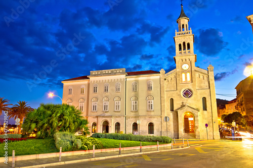 Split church evening colorful street view