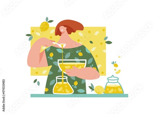 Silhouette of a woman with a plate of lemon jam. Dessert preparation, sweets, lemon jam, honey. Vector decorative illustration.