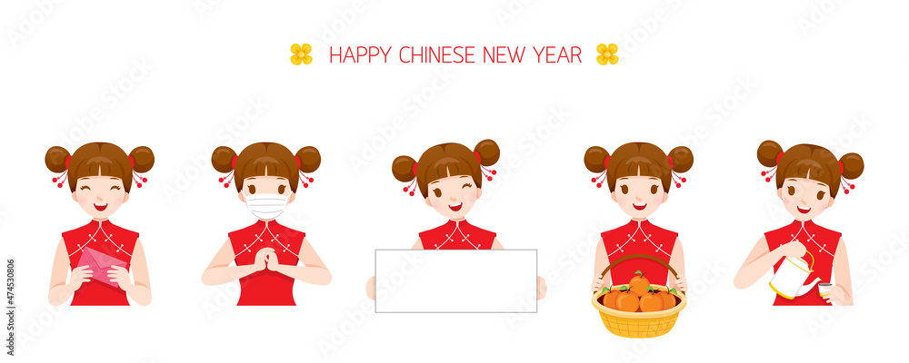 Obraz premium Girl With Activities On Chinese New Year, Holding Banner, Fruit Basket, And Envelope, Pouring Tea, Wearing Mask Protecting Covid19