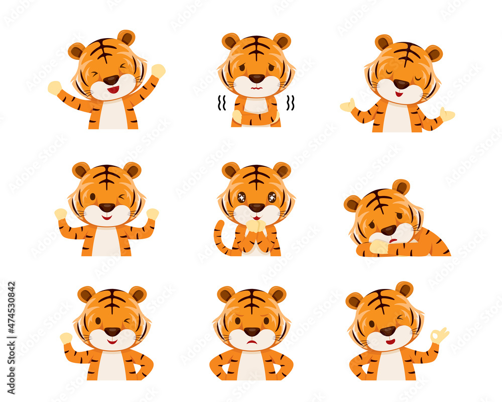 Fototapeta premium Cute Tiger Emoticons, Different Postures Set