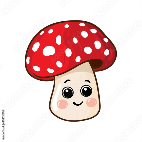 mushroom fly agaric vector flat cartoon character illustration. Funny happy cute happy little icon for kids. Isolated on a white background.