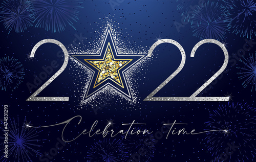 20 22 celebrating greeting card. Blue night backdrop. Calligraphic text. Awards decorative concept. Abstract isolated graphic design template. Calender title. Golden stroke art, shiny shape digits.