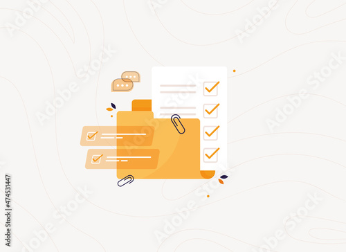 Open folder with completed task list. Business document for work or exam. Paper with check mark. Page of work performed, preparation of the questionnaire, filling out documents. Flat design