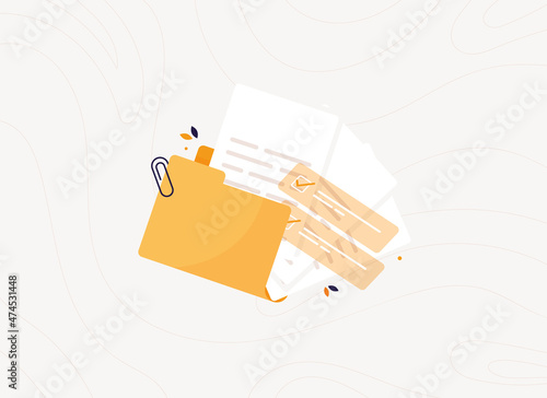 Open folder with documents. Completed task list. To-do list. Business papers. Prepared documents for work. Vector illustration in flat design. Yellow