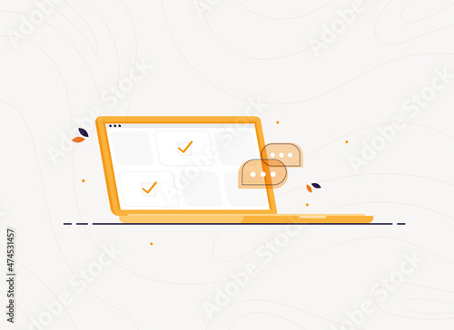Laptop monitor screen with confirmed tasks. Online work at the computer. Distance learning. Check mark and messages. Digital task list. Flat design