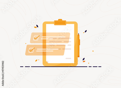 Clipboard with completed task. Work performed in the list. To do list in flat design