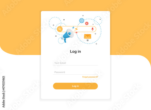 Login banner template. Landing page for website. Social media and email marketing. Buttons mockup. Log in form. Flat design