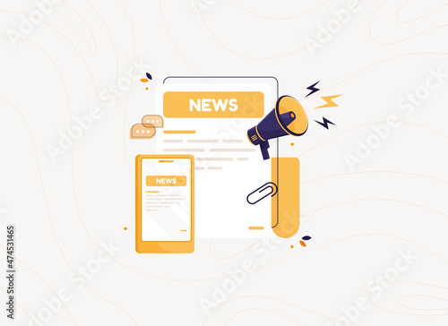 Online digital newspaper. Daily or weekly breaking news. Phone with megaphone and calendar. Flat design icon in cartoon style. Yellow press