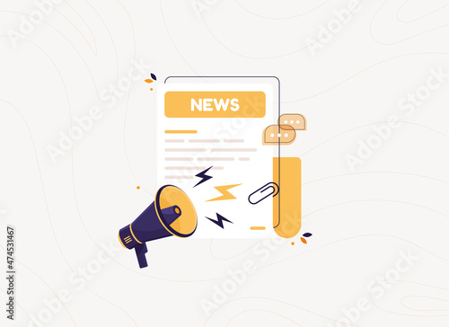 Newspaper with news with megaphone. Daily or weekly breaking news. Sheets of paper with header. Flat design icon in cartoon style. Yellow press