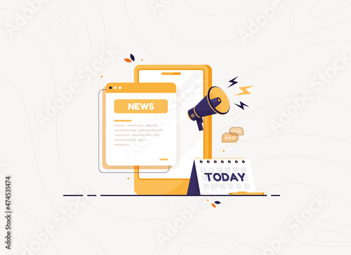 Newspaper with news with megaphone and phone. Daily or weekly breaking news. Sheets of paper with header and digital news. Flat design icon in cartoon style. Yellow press