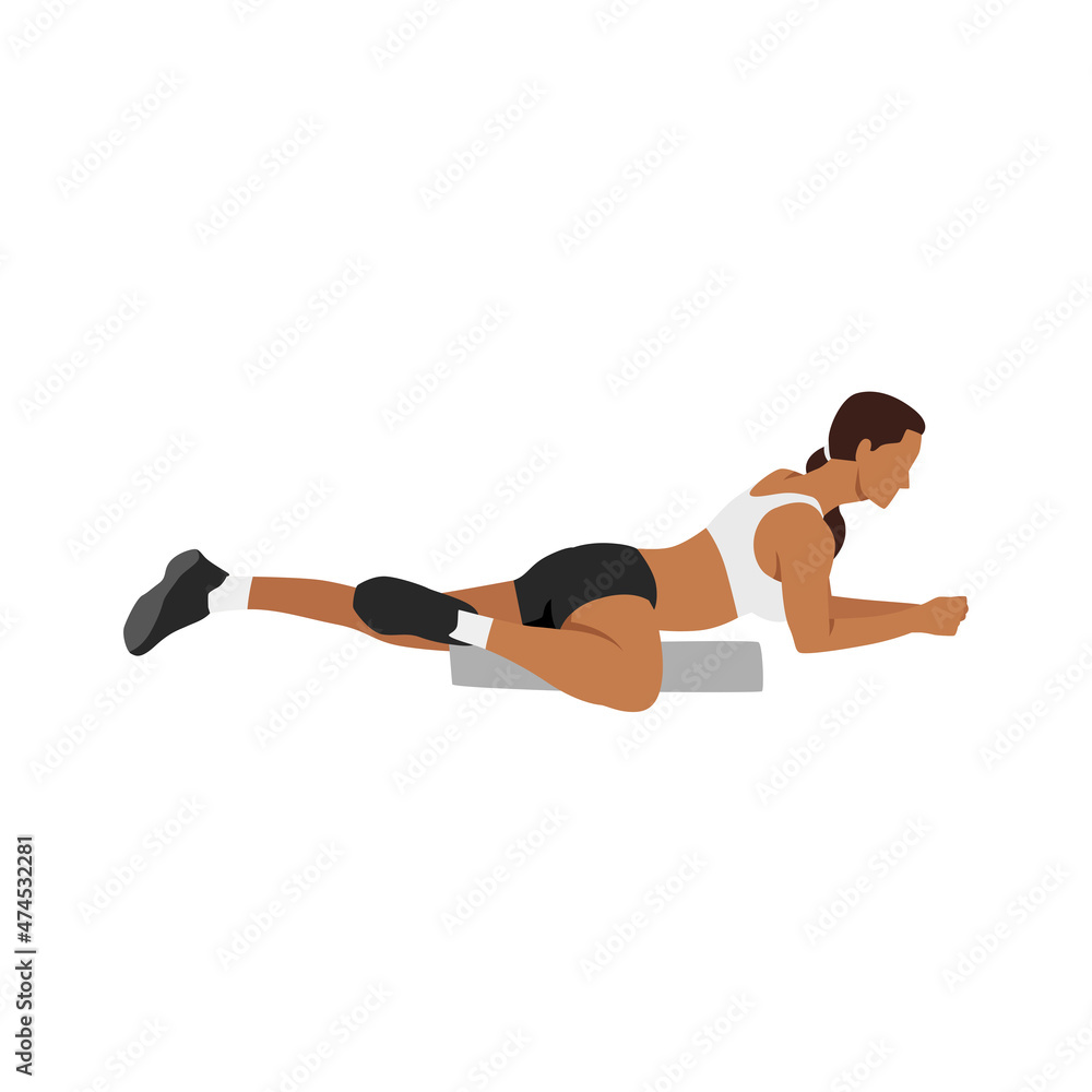 Woman doing Foam roller inner thigh. Adductor. Adduction stretch
