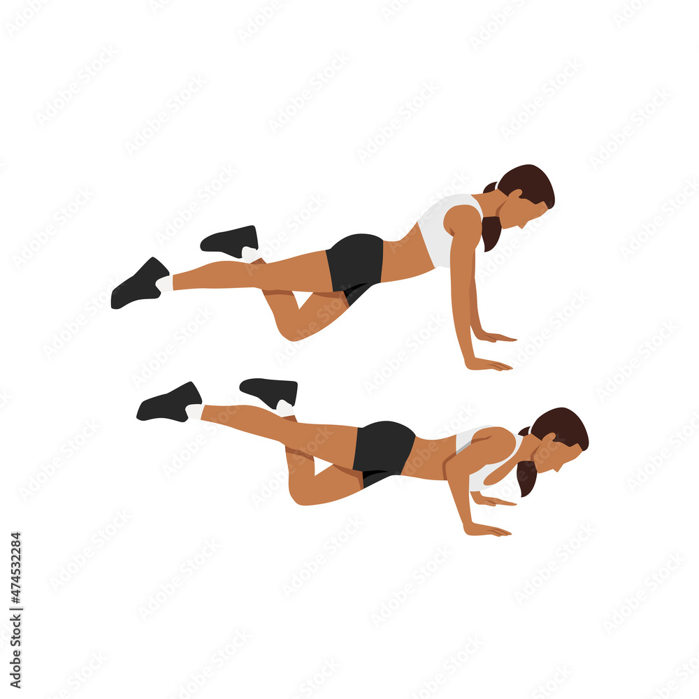 Woman doing Half modified. One leg push ups exercise. Flat vector illustration isolated on white background Woman doing Half modified. One leg push ups exercise. Flat vector illustration isolated on white background