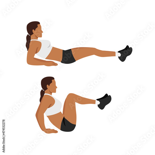 Woman doing leg pull in. Knee ups exercise flat vector illustration isolated on white background