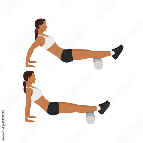 Woman doing leg pull in. Knee ups exercise flat vector illustration isolated on white background