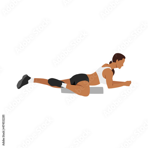 Woman doing Foam roller inner thigh. Adductor. Adduction stretch exercise flat vector illustration isolated on white background