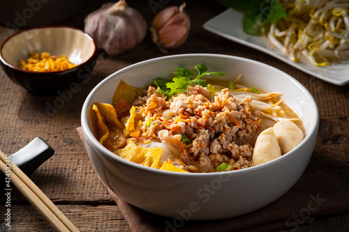 Tom Yum Noodles with Minced Pork.popular hot and sour soup in Thailand