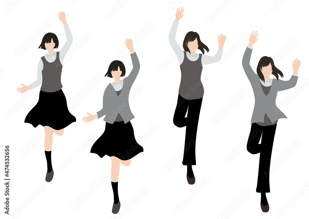 Obraz premium イラスト素材：ジャンプして喜びを表現した女子生徒のセット（ブレザーとベスト）