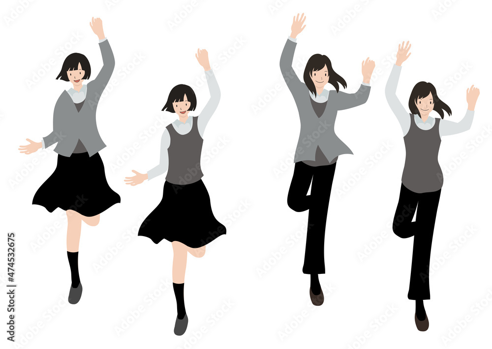 Naklejka premium ジャンプして喜びを表現した女子生徒のセット（ブレザーとベスト・表情あり）