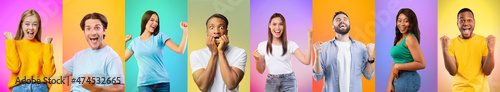 Set of emotional diverse men and women celebrating success with euphoric face expressions, gradient backgrounds photo