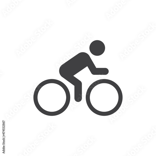 Cyclist with bicycle black vector icon. Sport activity symbol.