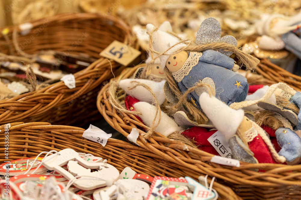 Colorful Christmas Decorations at Traditional Christmas Market.