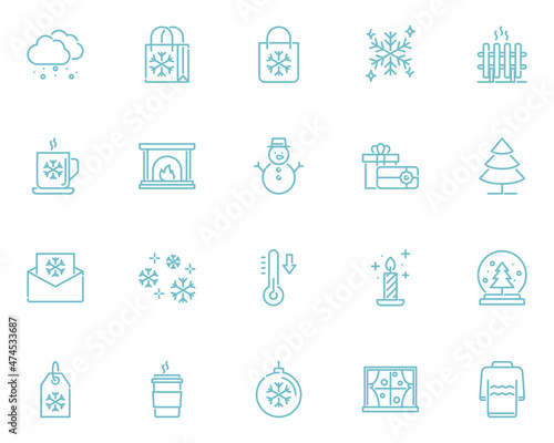 set of winter line icons, snowflake, season, cold