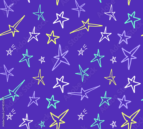 Seamless pattern hand-drawn colorful stars on a violet background. Line drawing style. Hand drawing wallpaper. Night background.