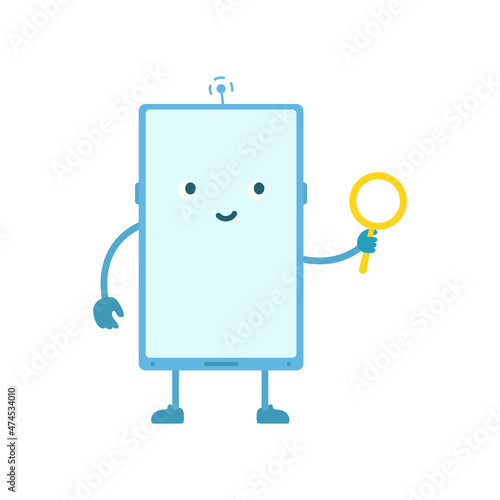 Phone character. Find with magnifier. Vector illustration.