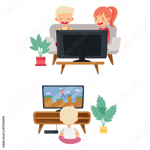 Kids playing video games set. Children sitting at tv screen with gamepad controllers. Gaming entertainment and leisure vector illustration