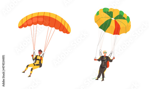 Skydivers flying with parachute set. Extreme sport and leisure activity vector illustration