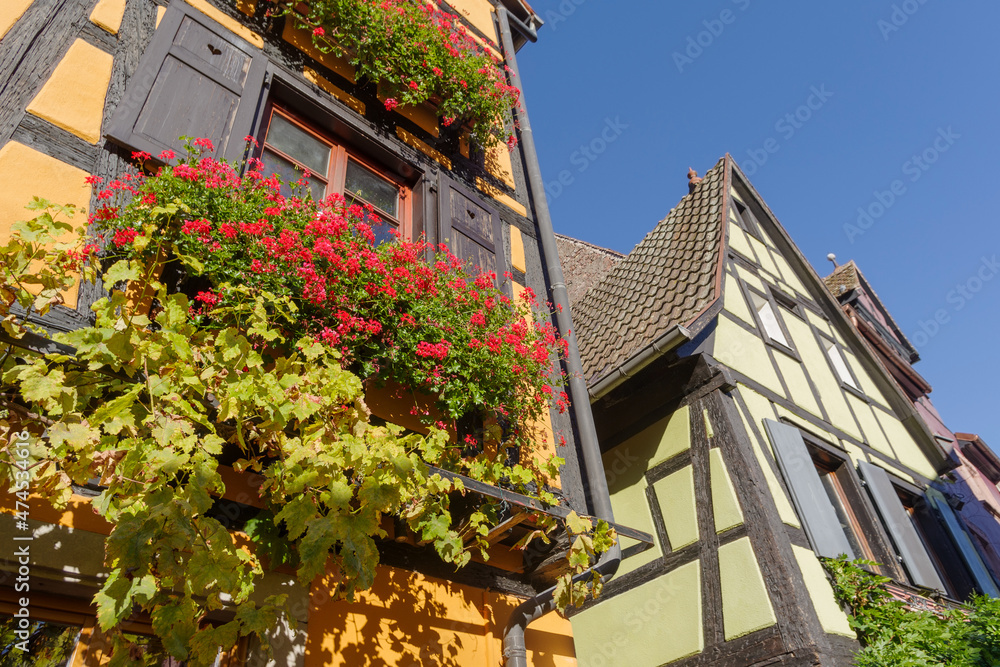 Facade of half timbered houses in Riquewihr village, France