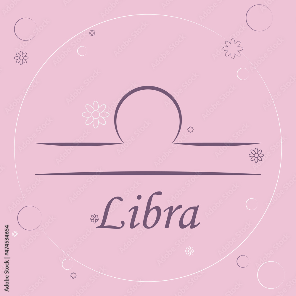 Libra simple zodiac balance symbol with text on pink background with flowers and circles