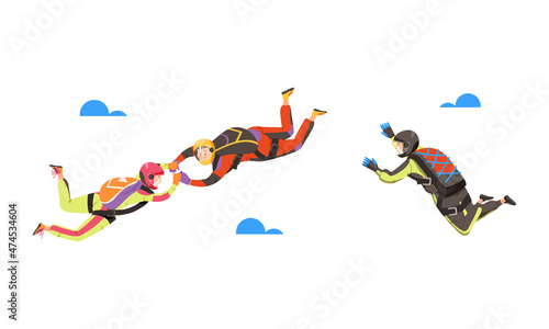 People skydiving in the sky set. Professional parachutists flying in free fall vector illustration