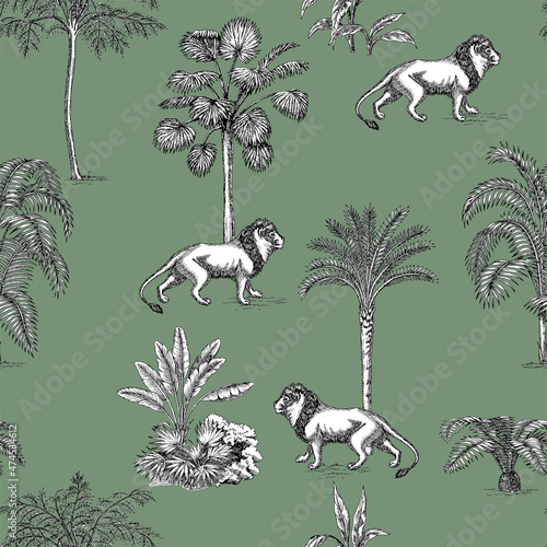 Tropical ink drawn palm trees,  lion summer floral seamless pattern.Exotic toile jungle wallpaper.