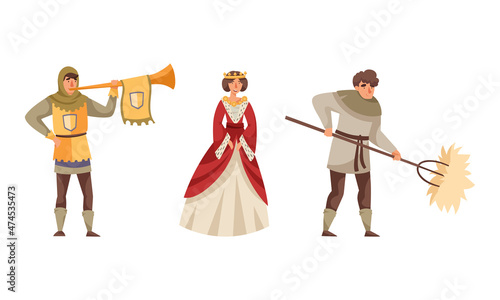 Inhabitants of the medieval city set. Queen, herald, stableman characters vector illustration