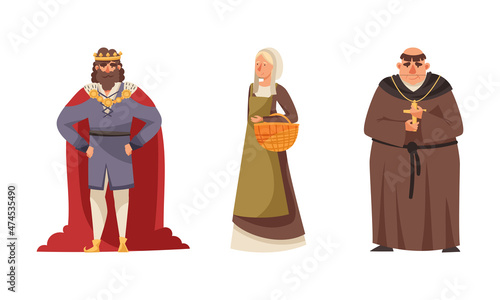 Inhabitants of the medieval city set. King, peasant woman, bishop characters vector illustration
