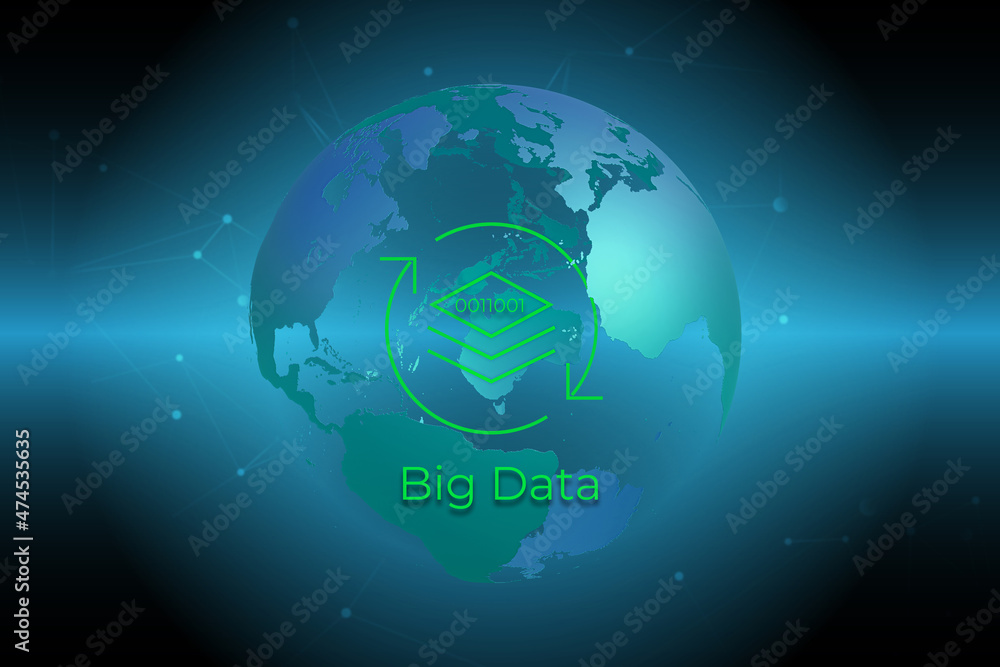 3-D rendered illustration of stylized planet earth showing big data icon 3-D rendered illustration of stylized planet earth showing big data icon