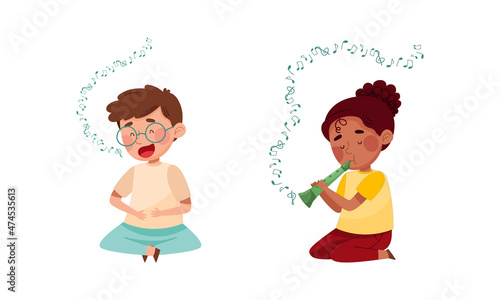 Cute kids playing music set. Boy singing, girl playing flute vector illustration