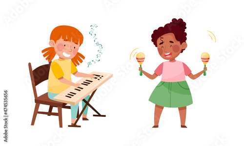 Cute kids playing music set. Girls performing melody on piano synthesizer and shaking maracas vector illustration