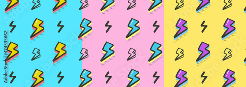Lightning flash pop art seamless pattern. Electric retro sign. Hand draw vector illustration